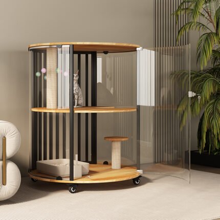 Small Cylindrical Cat Villa 360 Panoramic Four-Story Mobile Cat House Cat House Cat House Solid Wood Cat Cage